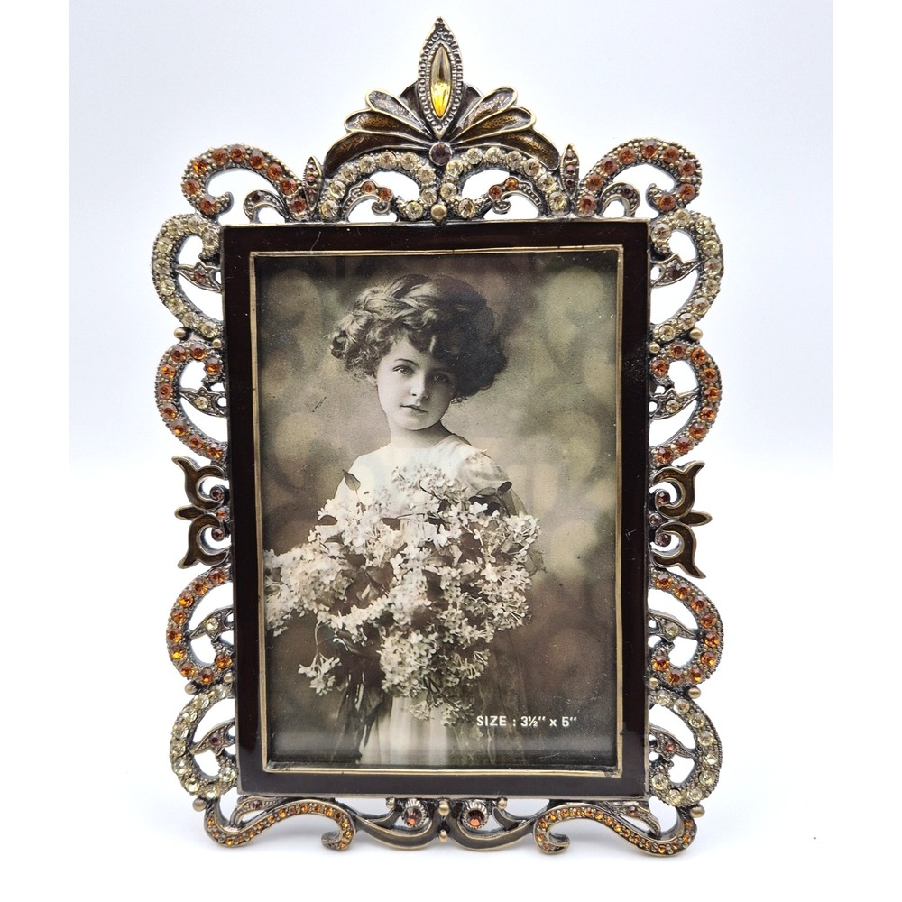 Tizo Jeweled Metal Picture Frame Amber & Champagne Crystal Ornate Baroque 5x7.5